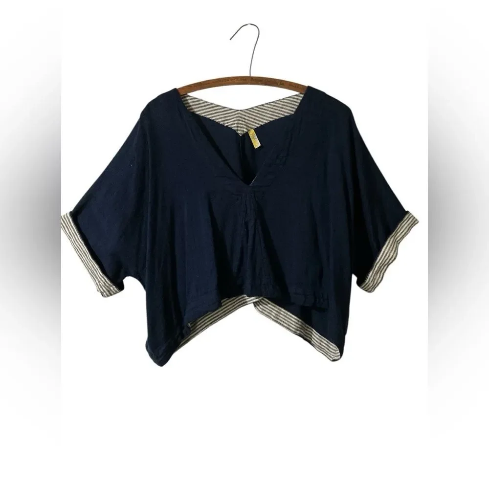 Free People Top Size XS Slouchy Oversized Layers Beach Slub Knit Flowy Blue